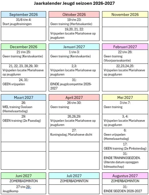 Jaarkalender Jeugd seizoen 2026 2027